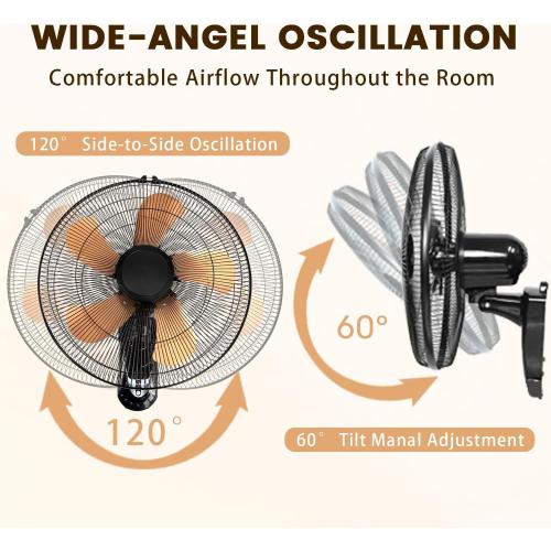 18 Inch Wall Mount Fan with Remote, 3-speed Wall Oscillating Quiet Fan with 5 Blades, Adjustable Tilt and Timing, High Velocity Wall-Mounted Fans for Bedroom, Gym, Office, Warehouse, Garage, Gold