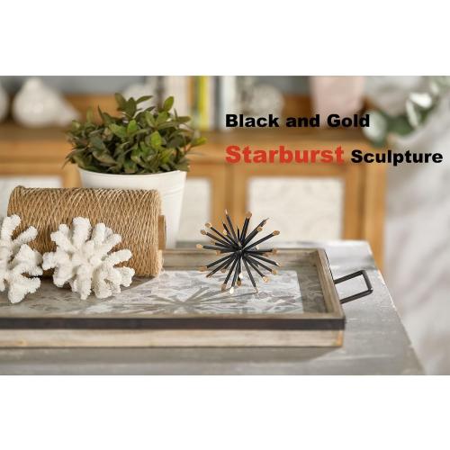 Black & Gold Sphere Decor, Metal Starburst Table Shelf Decor, Geometric Decorative Objects for Shelves, 3D Spike Decor Sculpture Home Decor Accents, 4.3”