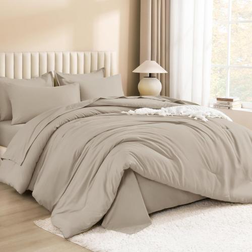 Litanika Comforter California King Size Set Oatmeal - Bed in a Bag California King Bedding Comforter Set, Plain Lightweight Bed Set with Comforter, Sheets, Pillowcases & Shams
