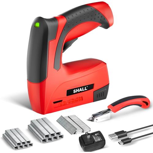 SHALL Electric Staple Gun, 3 in 1 Cordless Upholstery Stapler Nail Gun for Wood, 4V Rechargeable Brad Nailer Kit w/ 2500 Staples Nails, Staple Remover & Fast Charger for Crafts, DIY, Decoration