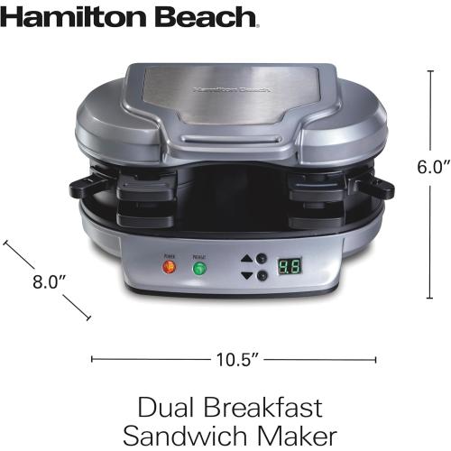 Hamilton Beach Dual Breakfast Sandwich Maker with Timer, Ready in 5 Minutes, Removable Dishwasher Safe PFAS-Free Non-Stick Egg Cooker Ring, Silver (25490MNA)