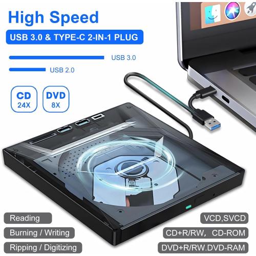 External CD DVD Drive Player Burner Writer for Laptop Desktop, 5 in1 External CD DVD Drive USB 3.0, DVD & CD-ROM  /-RW Disc Drive Player