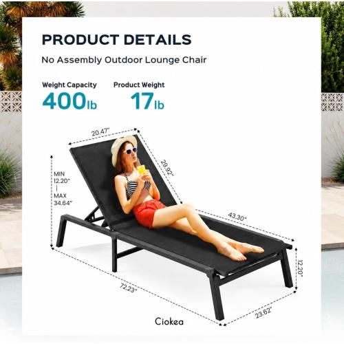 Ciokea Aluminum Chaise Lounge Ourdoor, Foldable & Assemble Free Outdoor Lounge Chair with 5 Adjustable Backrest, Patio Lounge Chair for Outside Poolside Beach Pool, Black