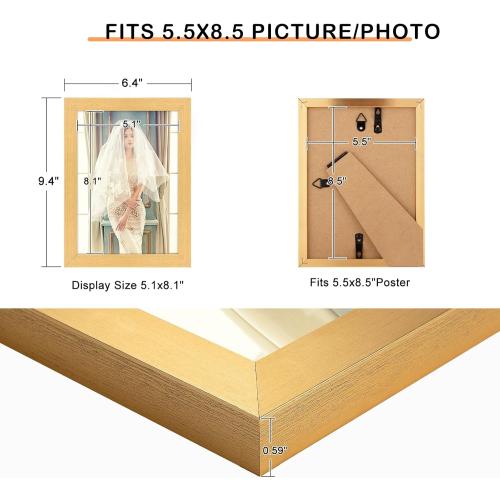 5.5x8.5 Picture Frame Gold, Rustic Natural 8.5x5.5in Photo/Portrait/Poster/Art Frame, Wall Hanging/Tabletop, Horizontal/Vertical Display Gallery Family Wedding Memorial Pic Frame Gift