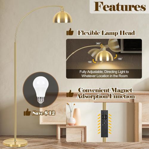 Gold【Upgraded】 Arc Floor Lamps for Living Room - Stepless Dimmable Gold Tall Lamp with Remote Control & Color Temperature 9W LED Bulb, Over Couch Arched Reading Standing Lamp for Bedroom Brass