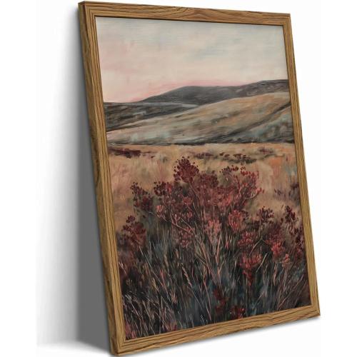 Framed 3D Textured Wall Art, Vintage Landscape Wall Decor Painting, Hand Drawn Sandstone Moody Dark Wildflower Pictures Artwork for Living Room Bedroom 16x24 inch Wood Frame
