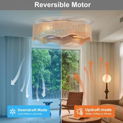 SHLUCE 22 Boho Flush Mount Caged Ceiling Fans with Lights, Rustic Rattan Low Profile Ceiling Fans with Lights and Remote, Bladeless Fandelier Ceiling Fan with Light for Kitchen, Bedroom - ETL