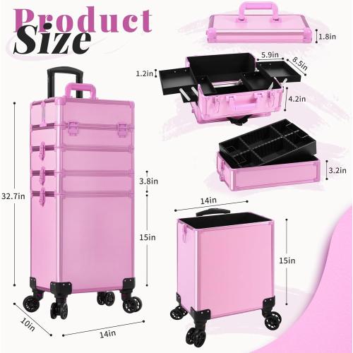 Rolling Makeup Train Case Large Storage Cosmetic Trolley 5 in 1 Large Capacity Trolley Makeup Travel Case with Key Swivel Wheels Salon Barber Case Traveling Cart Trunk, Pink