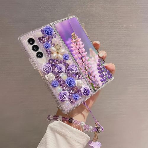 for Samsung Galaxy Z Fold 6 Case,Cute Bling Glitter Sparkle Stunning Stones Diamond Rhinestone 3D Handmade Pearl Rose Flower with Wrist Lanyard Women Girly for Galaxy Z Fold 6 (Purple)