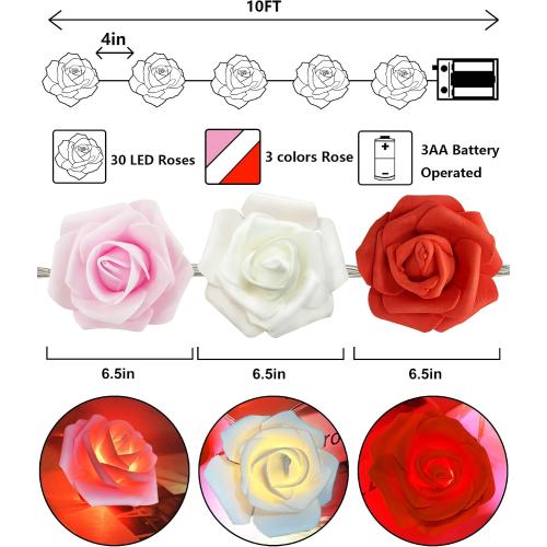 TURNMEON 10FT 30LED Rose Light Valentines Day Decorations Flower String Light Red Pink White Valentines Lights Battery Operated Valentine Garland with Lights Indoor Outdoor Home Party Wedding Decor