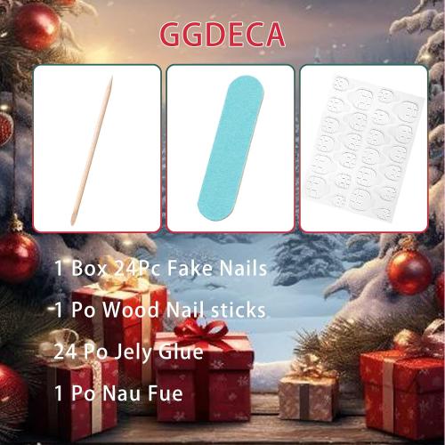 24Pcs Christmas Almond Fake Nails Short Press on Nails Pink Green Golden Acrylic Nails French Tip with Xmas Tree Glossy Glitter Glue on Nails Winter Stick on Nails Christmas Nails for Women