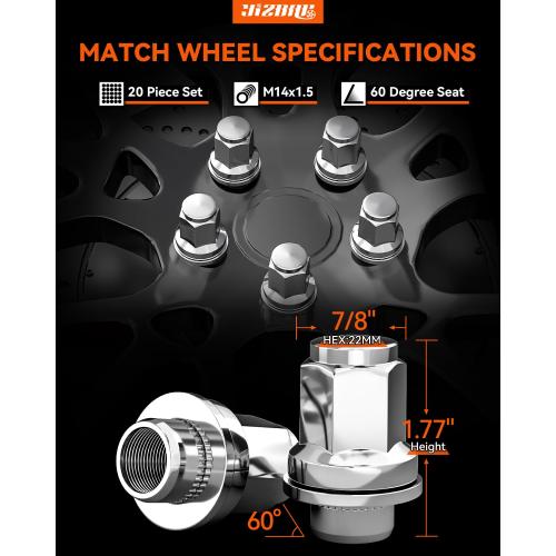 YIZBAP M14x1.5 Lug Nuts with Mag Seat, Chrome 20Pcs Closed End Nuts