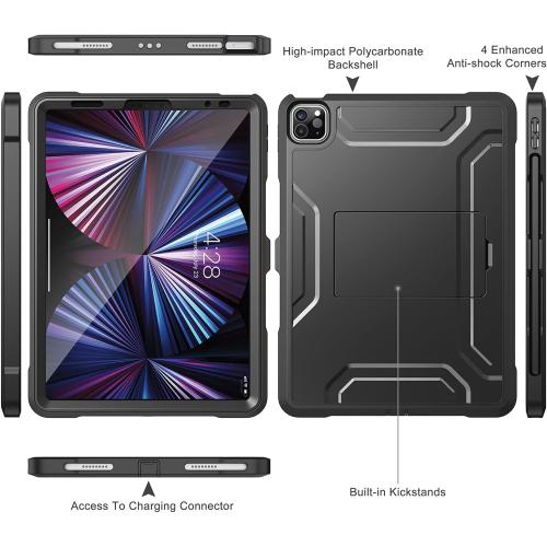 Soke Case for iPad Pro 11 Inch 2022/2021/2020/2018/iPad Air 5th/4th Generation,Built-in Screen Protector - Support 2nd Apple Pencil Charging - Heavy Duty Rugged Protective Kickstand Case - Black
