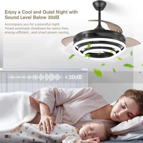 TXCSLY Retractable Ceiling Fan, 42 Inch Chandelier Ceiling Fans with Light, Modern Fandelier Ceiling Fan for Bedroom Living Room Dinning Room, Reverse Motor, 3 Color Temperature, 6 Wind Speed-Black