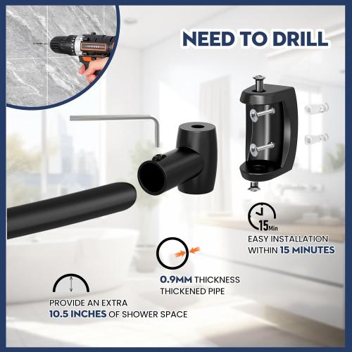 Black Curved Shower Curtain Rod 33-78 Inches Adjustable Splicing Design Need To Drill Shower Rods Curved Round Bowed Rust proof, Premium Stainless Steel Shower Curtain Rod for Bathroom, Bathtub, Stall