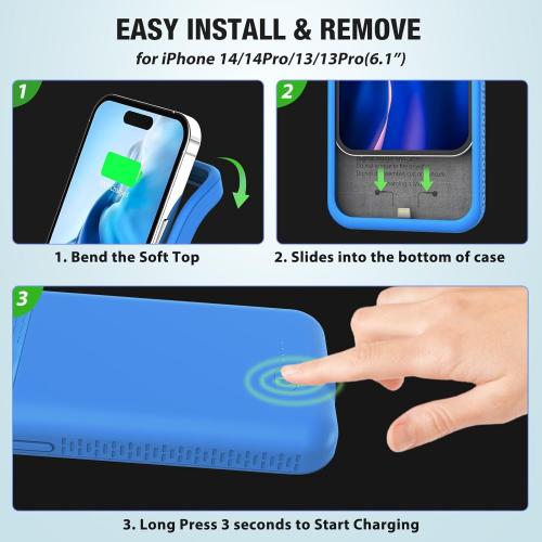 GIN FOXI Battery Case for iPhone 14/14Pro/13/13Pro, Ultra-Slim Charging Cases Rechargeable Anti-Fall Protection Battery Charger Charger for iPhone 14 Pro/14/13/13Pro(6.1 inch) 7000mAh Blue
