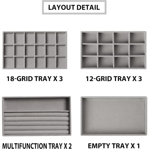 Frebeauty Jewelry Organizer Tray,Stackable Velvet Jewelry Trays,Drawer Inserts Earring Organizer For Women Jewelry Storage Display Case for Rings Stud Necklaces,Set of 9(Grey)