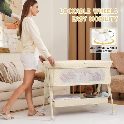 Baby Crib, Baby Bassinets Bedside Sleeper with Breathable Mesh & Mattress, Easy Move Crib for Newborns with Lockable Wheels, 4-Adjustable Height Bedside Bassinet (Beige)