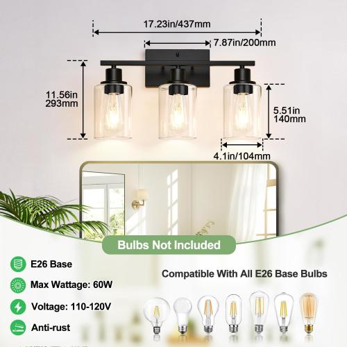 Black 3 Light Bathroom Light Fixtures, Matte Black Modern Vanity Lights with Clear Glass Shade, Bathroom Wall Lamp for Mirror Kitchen Living Room Hallway Cabinet Porch