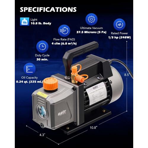 Orion Motor Tech AC Vacuum Pump and Gauge Set, 1/3 hp 4 cfm Vacuum Pump Manifold Gauge Kit with Leak Detector 3 Hoses & Accessories for R134a R12 R22 R502, A/C Vacuum Pump Kit for Auto HVAC Systems