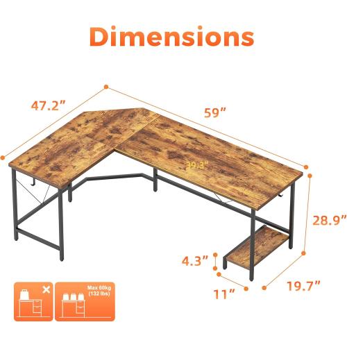 Mericonia 59 inch Large L Shaped Desk, Simple Corner Gaming Desk with CPU Stand & Hooks, Computer Desk for Home, Bedroom & Office Workspace, Rustic Brown
