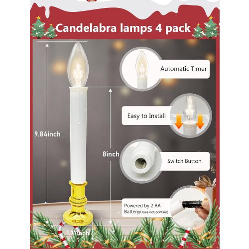 4 Pack Christmas Battery Operated Window Candles with Timer (6-18H), Wireless Window Candle Light with Gold Candlestick Base, C26 LED Bulb Candle Lamp for Home Party Valentines Decor, 4 Suction Cups