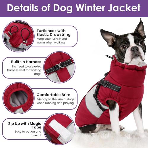 SUNFURA Small Dog Coat with Harness Built in, Warm Dog Jacket Winter with Zipper On Back, Waterproof Pet Snow Jacket Snowsuit Pet Sweater Clothes for Puppy, Burgundy XS