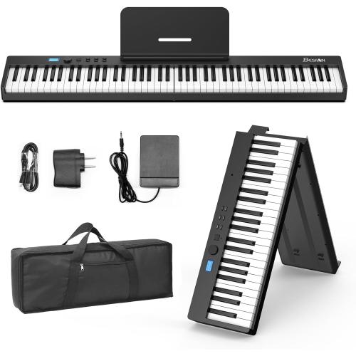 BESFAN 88 Key Folding Piano Keyboard, Portable Semi-Weighted Digital Piano with MIDI Support, Built-in Speakers, Rechargeable Battery, Travel Piano for Beginners