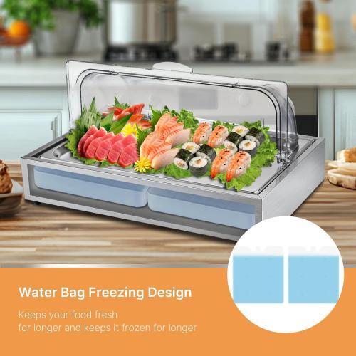 Ice Food Serving Display Tray, Cold Serving Plate with Clear Roll Top, 5QT Stainless Steel Food Serving Tray, Cooling Food Dishes Display Plate for Home, Buffet, Restaurant, Hotel and Party