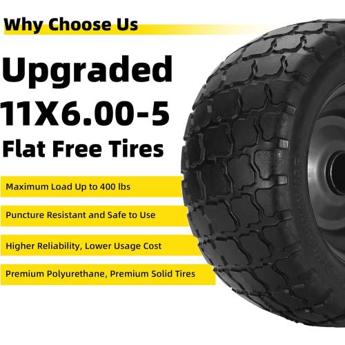 11x6.00-5 Lawn Mower Tires Flat Free, Zero Turn Mower Front Tires, 11x6-5 Solid Mower Wheel for Residential and Commercial, 3/4 and 5/8 Bearing, 6- 8 Center Hub, Load 400lbs, 2Pk Black