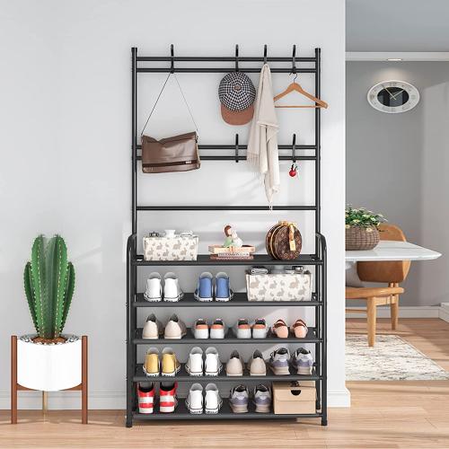 Black H: 61 4 Tier Shoe Rack Coat Rack Shoe Shelf Freestanding with 8 Hooks for Front Door Entryway Bedroom Closet, Black