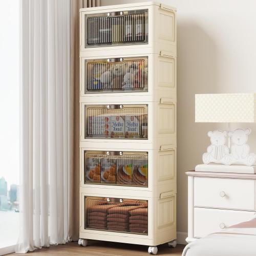 WHITE 5 Tier - 48QT Storage Bins with Lids, Collapsible Storage Bins with Doors and Wheels, Plastic Storage Cabinet for Easy Storage and Organization for Living Room, Office