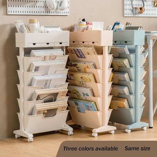 Movable Bookshelf with Wheels, 6 Tier Rolling Bookshelf Cart, Portable Bookshelf on Wheels, Moveable Bookshelf Cart for Kitchen Bathroom Bedroom Office, Mobile Book Shelf Organizer(Blue)
