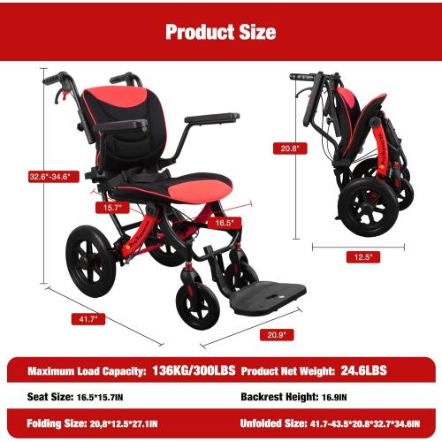 Wheelchairs for Adults,Transport Wheelchair Lightweight Foldable with Removable Cushion,Ergonomic Transfer Chair with 12-inch Rear Wheels for All Terrains,Travel Wheelchair,Red