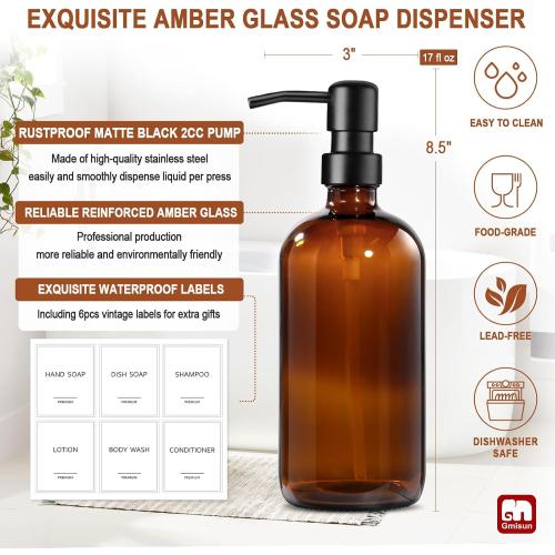 GMISUN Shampoo and Conditioner Dispenser, 3 Pack Amber Glass Bathroom Shampoo Conditioner Body Wash Dispenser with Pump for Shower, 17 Fl Oz Hand Soap Dish Soap and Lotion Dispenser Set for Kitchen