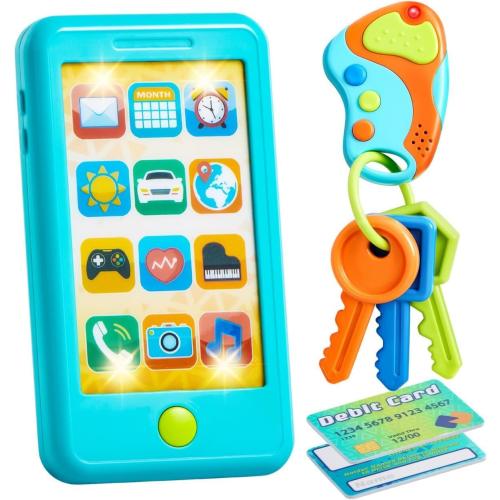 Pretend Toddler Play Phone, Learning Toy Phone Set,Keyfob Key Toy and Credit Cards Set, Kids Cellphone, Girls Boys Birthday Gifts for 1 2 3 Year Old,Baby Blue, Kids Presents, Easter Basket Stuffers