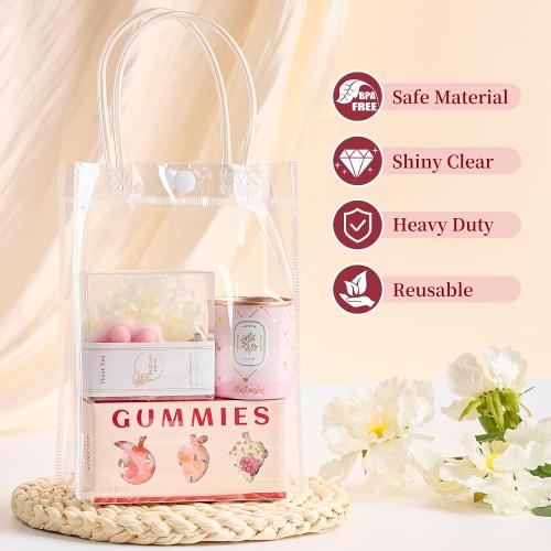 Jutieuo 24 Pack Clear Plastic Gift Bags with Handles, Reusable Transparent Party Favor Bags PVC Goodie Bags Bulk for Wedding, Baby Shower, Birthday (4.9 x 7.5 x 3.2)