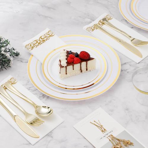 700 PCS Gold Dinnerware Set for 100 Guests, Plastic Dinnerware Set for Party, Include: 100 Gold Dinner Plates，100 Dessert Plates, 100 Plastic Silverware Set, 100 Cups, 100 Paper Napkins