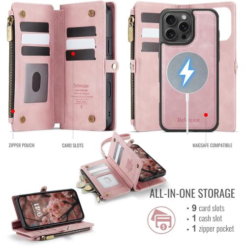 Defencase for iPhone 16 Pro Max Case Wallet Compatible with Magsafe, Pink