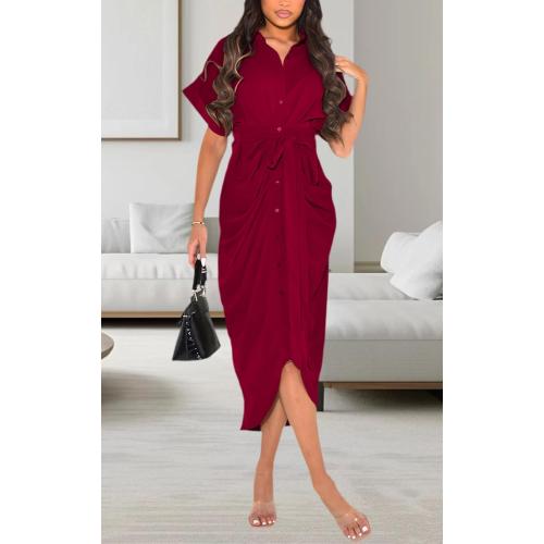 Size L YouSexy Women's Casual Satin Button Down Shirt Dress Short Sleeve Ruched Maxi Dresses with Belt