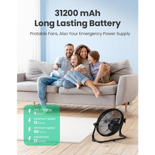 Size 14 Portable Battery Operated Fan, Rechargeable Floor Fan, Hi-Velocity Cordless Camping Fan, USB Phone Charge, 12-60H Runtime, Quiet, Wireless, For Gym Shed Travel Home Outdoor Garage Tent Car Barn