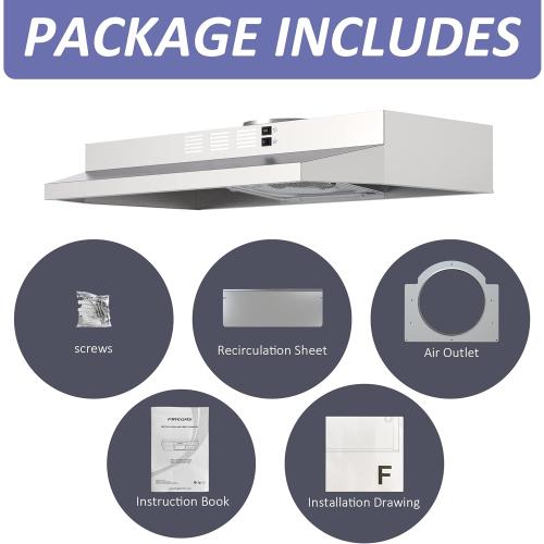 FIREGAS 30 inch Under Cabinet Range Hood, 300 CFM Powerful & 45dB Quiet Vent Hood, Slim Stainless Steel Stove Hood for Kitchen & Apartments, 2-Speed Exhaust Fan, Ducted/Ductless Convertible