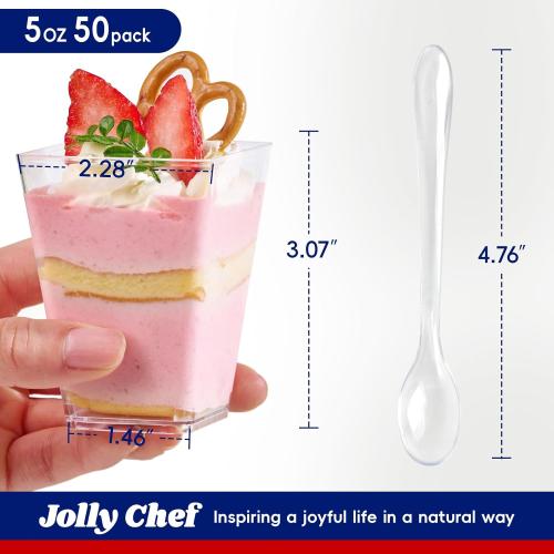 JOLLY CHEF 50 Pack 5 oz Plastic Dessert Cups with Lids and Spoons, Yogurt Parfait Appetizer Cup for Party, Clear Mini Dessert Shooter for Pudding Fruit Trifle Ice Cream