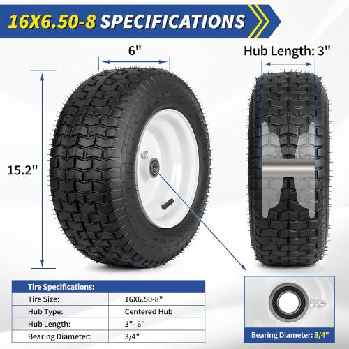 16x6.50-8 Riding Lawn Mower Rubber Tire and Wheel, 2 Pcs Replacement 16x6.5-8nhs Garden Tractor Lawnmower Tyre, Bearing Bore 3/4 & 5/8, 3-4.5 Centered Hub