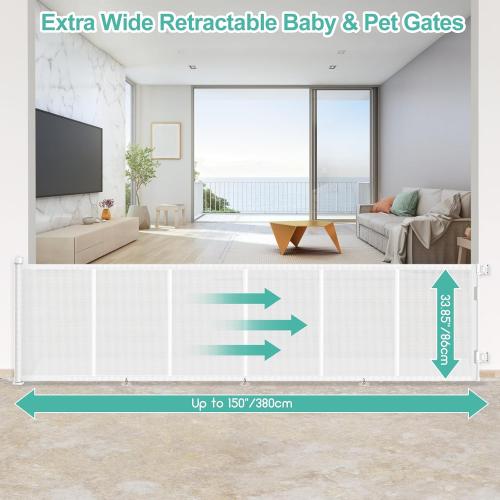 EZIGO 150 Inch Retractable Baby Gates Extra Wide Reinforced Baby Dog Gate | 34 Inch Tall Retractable Dog Gate with Reinforced Strip Mesh Safety Pet Gate for Stairs Hallway Doorway Indoor Outdoor, White