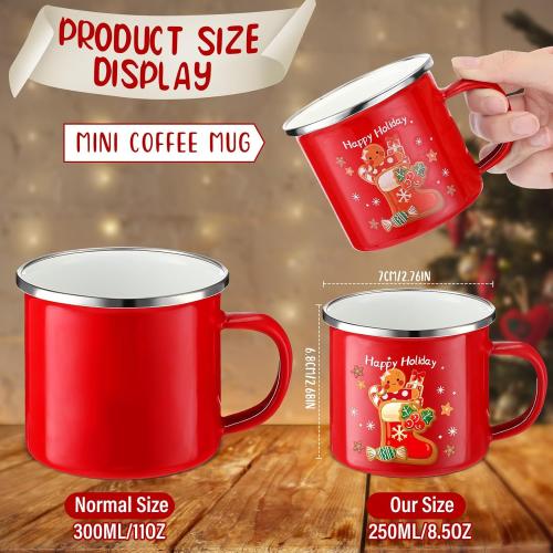 Zhehao 4 Pcs Christmas Mini Coffee Mug 8.5 oz Christmas Mugs Enamel Cup Gingerbread Coffee Cup with Handle Portable Camp Small Holiday Enamel Tea Cups for Indoor Outdoor Home Women Gifts
