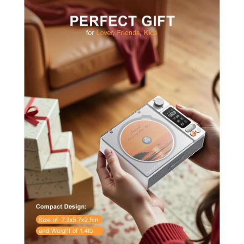 Leapwell CD Player Portable Bluetooth Desktop CD Players for Home with Speakers Rechargeable Small Retro CD Player with LCD Screen Optical USB White