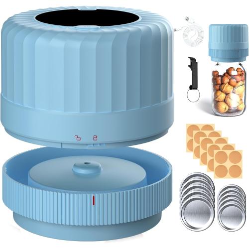 Electric Mason Jar Vacuum Sealer - Fully Automatic Mason Jar Vacuum Sealer Kit for All Mason Jars with Regular Lids and Wide Mouth Lids, A Must-Have Tool for Canned Foods/Pantry - Blue