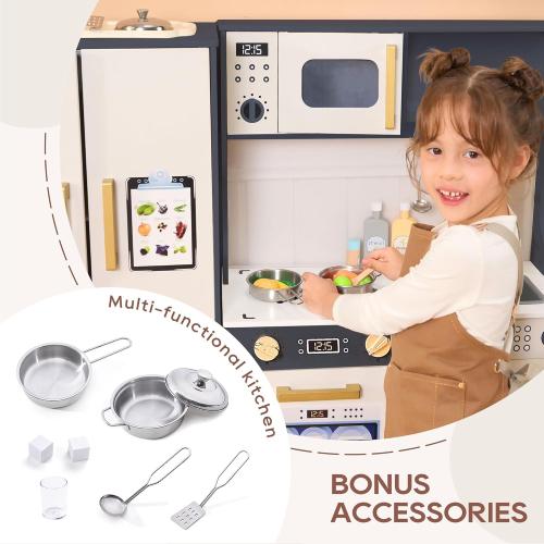 Kids Kitchen Playset with Realistic Design, Luxury Play Kitchen with Extended Storage Cabinets, Toy Kitchen for Toddlers with Coffee Counter, Cookware Accessories, Oven, Microwave (Dark Gray)