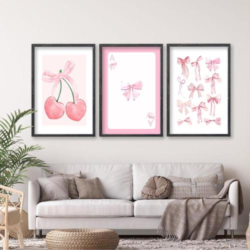 flowtorely Set Of 3 Trendy Pink Bows Poster Wall Art 24x16 Inch Girly Preppy Room Watercolor Aesthetic Wood Frame Sign For College Apartment Cherry Heart Poker Prints Girls Bedroom Hang Decor (Black) - frames with scratches